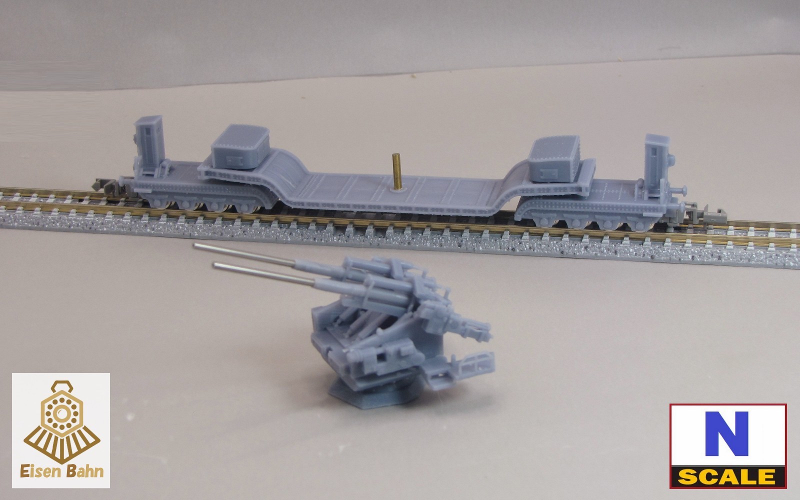 1/160 (N-scale) WWII German 128mm Flak on Heavy Flatcar /w wheels resin kit
