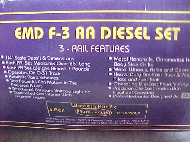 MTH MT-2056LP Western Pacific F3 AA Diesel Engine set O-Gauge