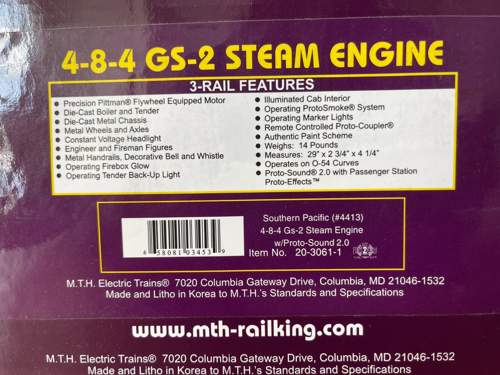 MTH 20-3061 4-8-4 GS-2 STEAM SOUTHERN PACIFIC 4413 PROTO- 2.0 O SCALE LOCO NEW