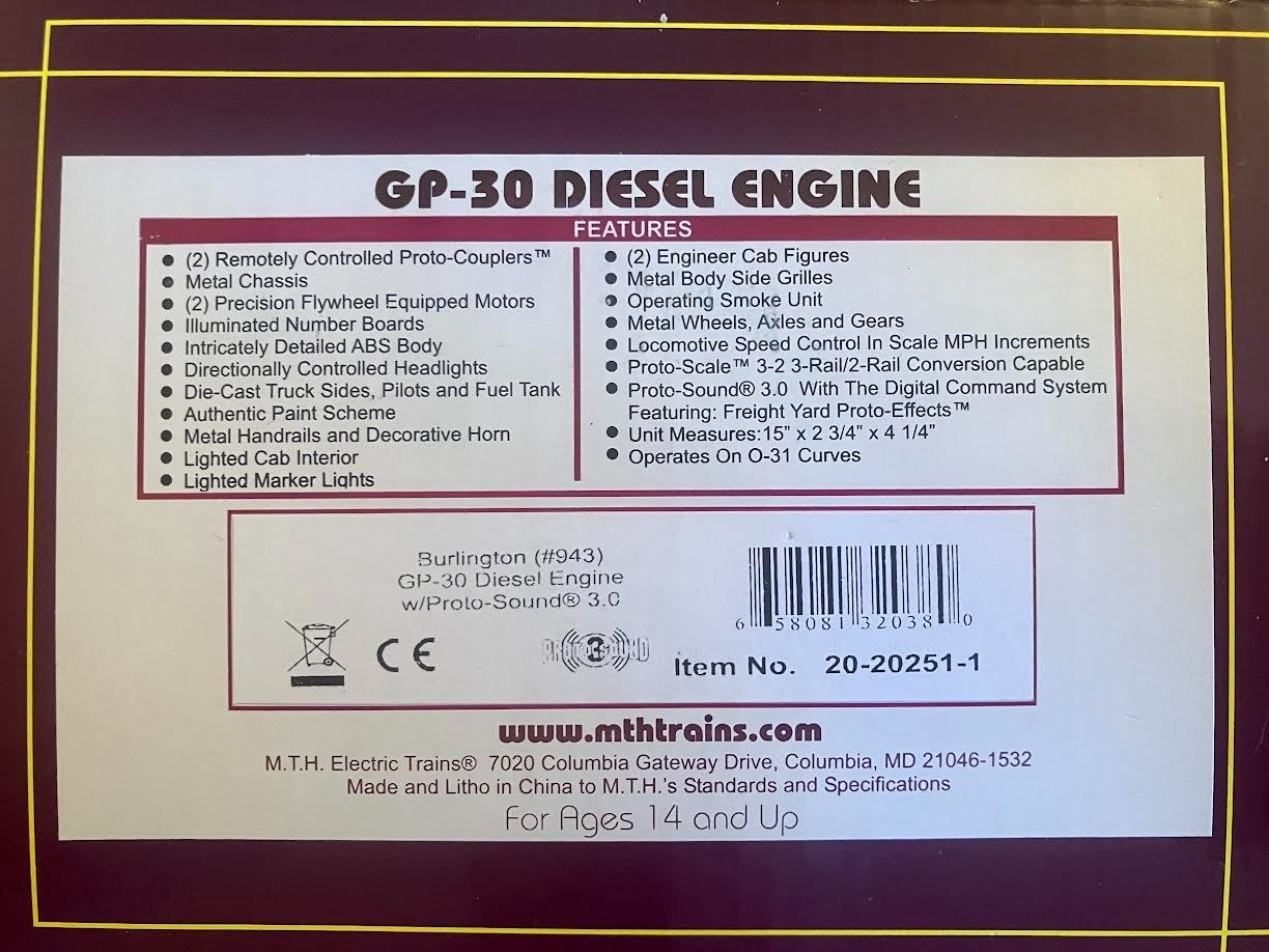 MTH PS 3.0 20-20251-1 Premier O-Gauge GP-30 tested only for proper operation new