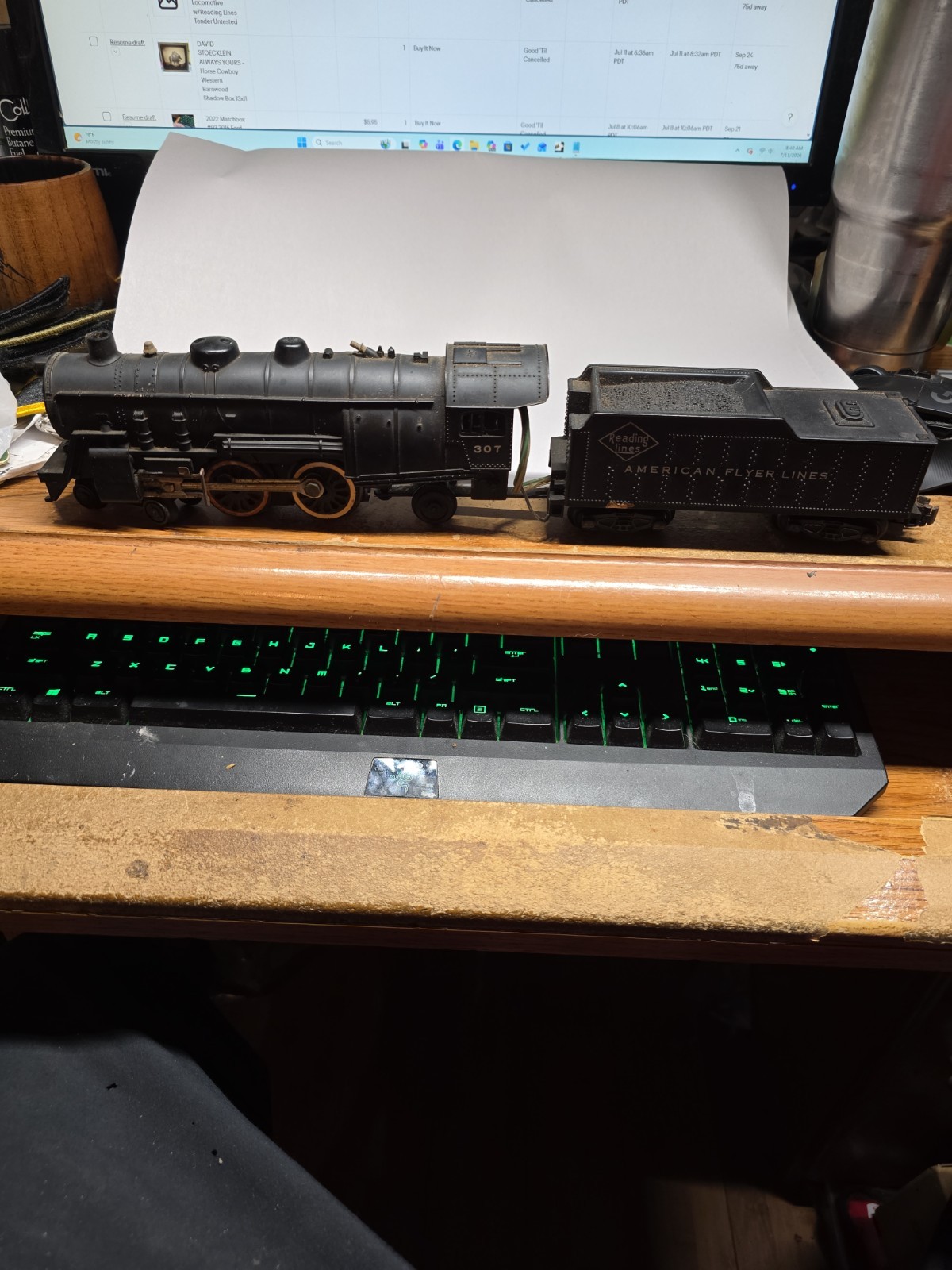 Vintage American Flyer 307 4-4-2 Locomotive w/Reading Lines Tender Untested