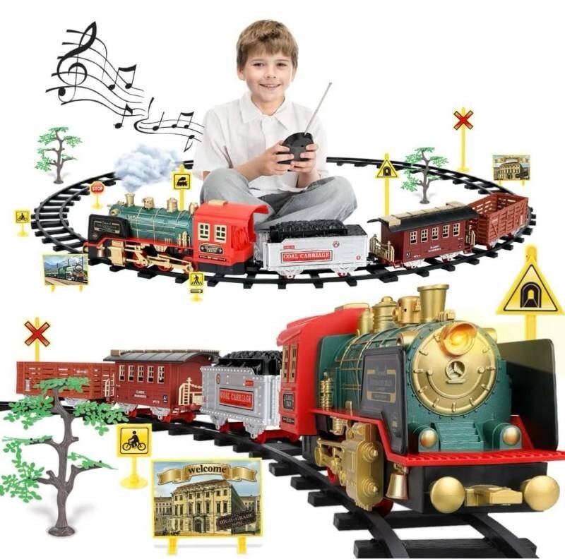 Xmas Remote Control Train Set Electric R/C Train Toy for Kids w/ Lights Sound