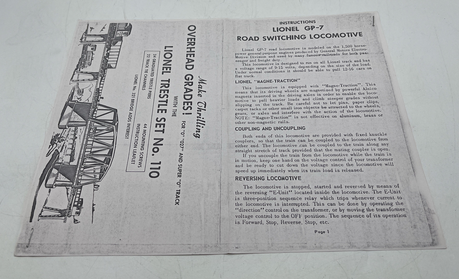 Instructions for Operating Lionel GP-7 Road Switching Locomotive Paper Copy