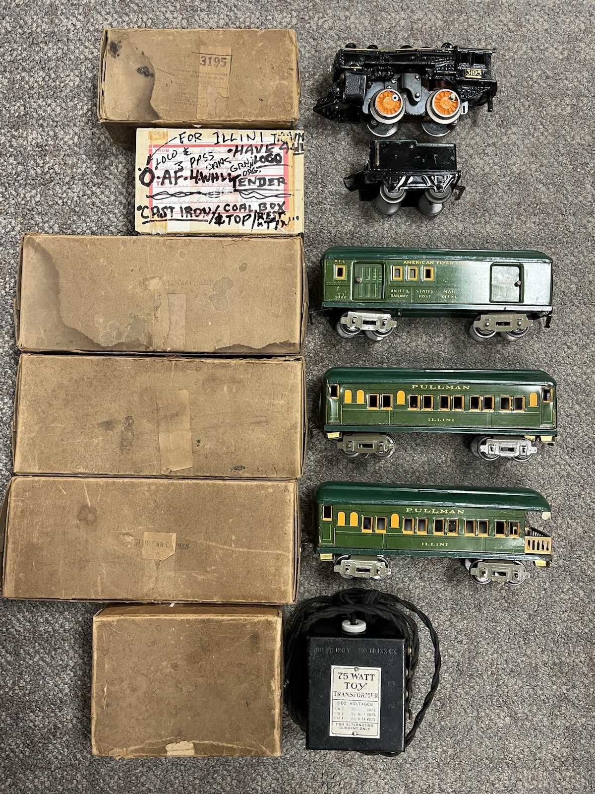 + American Flyer O Cast Iron #3195 Locomotive & Tender 3 Car Green Passenger Set