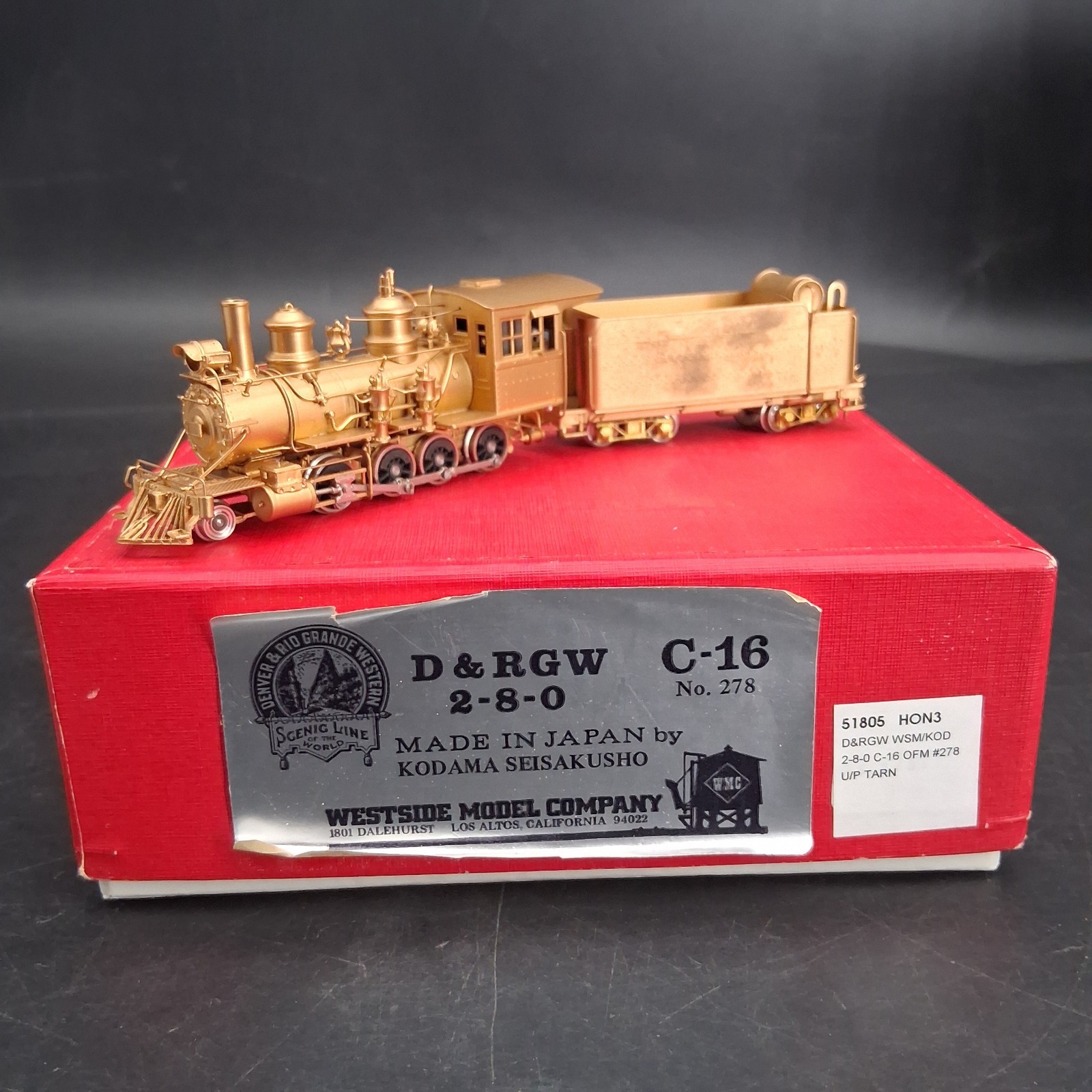 Westside Model Co. HOn3 D&RGW #278 C-16 2-8-0 Unpainted BRASS Loco/Tender Boxed