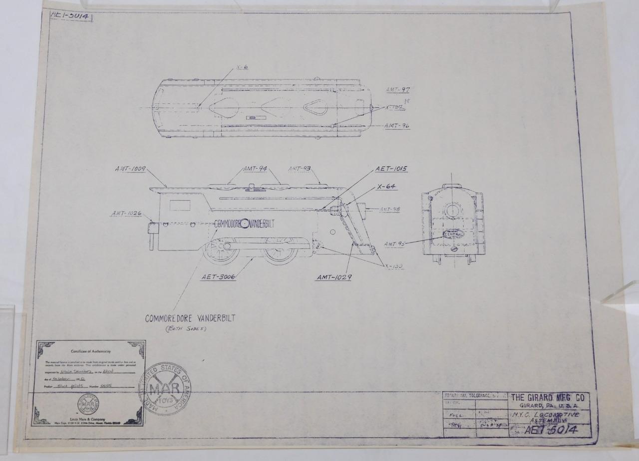 Marx AET 5014 NYC Vanderbilt Locomotive 5/23/1935 Blueprint 21.75 x 16 7/8″ #55