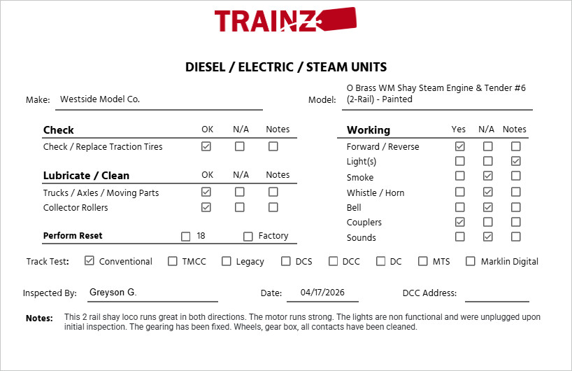 Westside Model Co. O Brass WM Shay Steam Engine & Tender #6 (2-Rail) – Painted