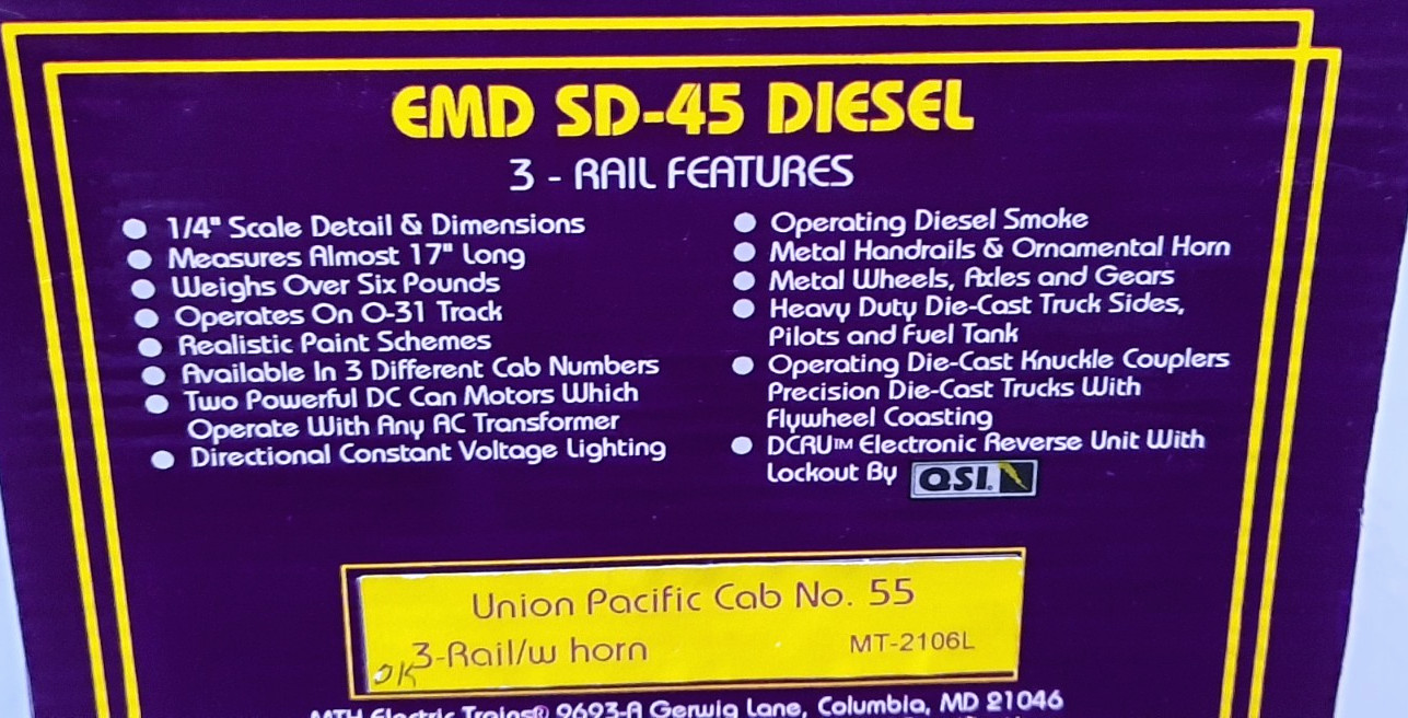 MTH ~ O GA ~ UNION PACIFIC ~ EMD SD-45 DIESEL – CAB #55 ~MFG #20-2106-1 ~ LN