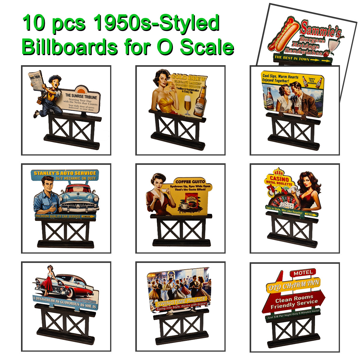 10 X 1950s O Scale Billboards for Model Railroad Layouts – with Cut-Out Images