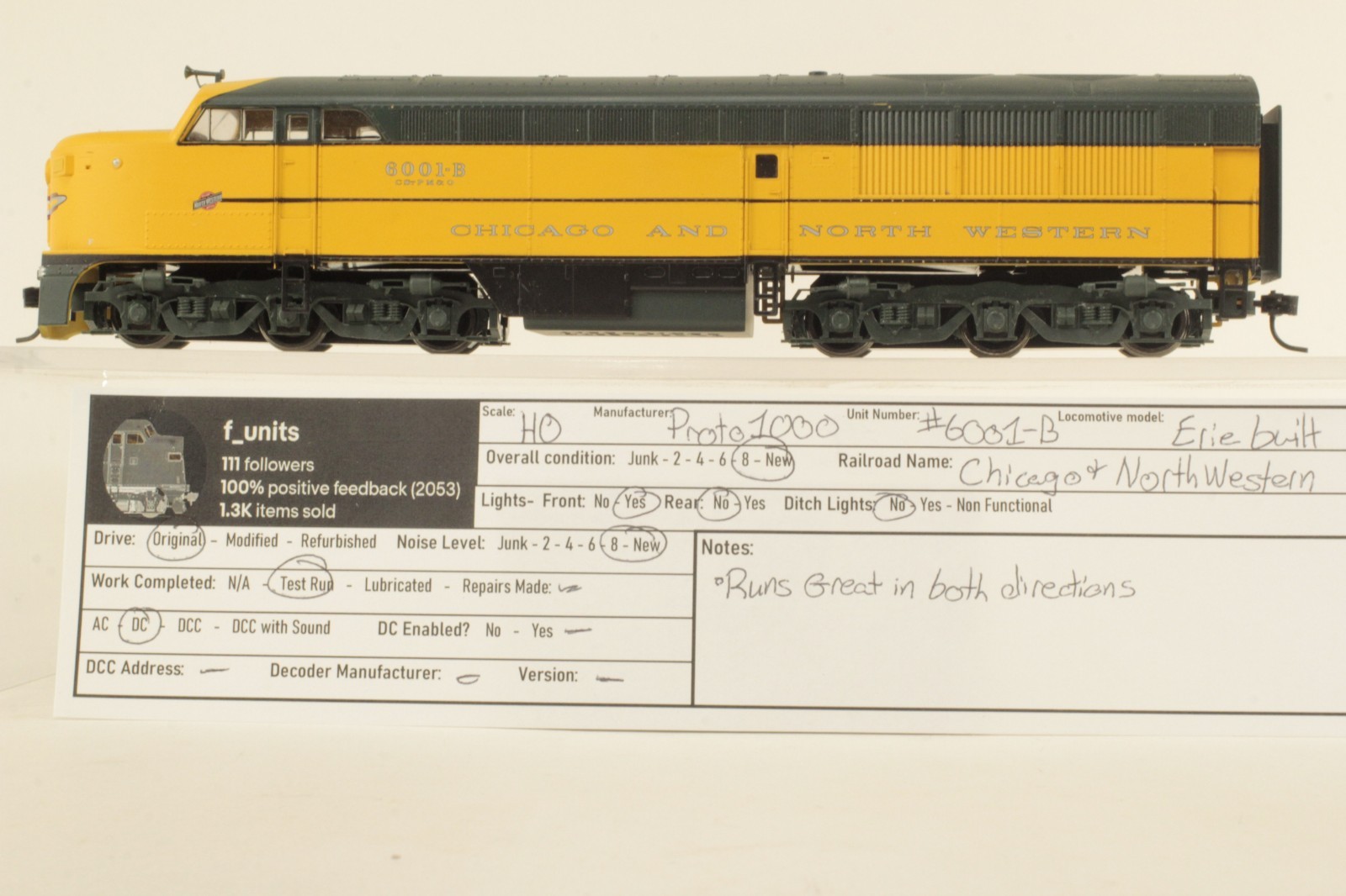 Proto1000 HO Scale Chicago and North Western C&NW #6001-B Erie Built DC Powered