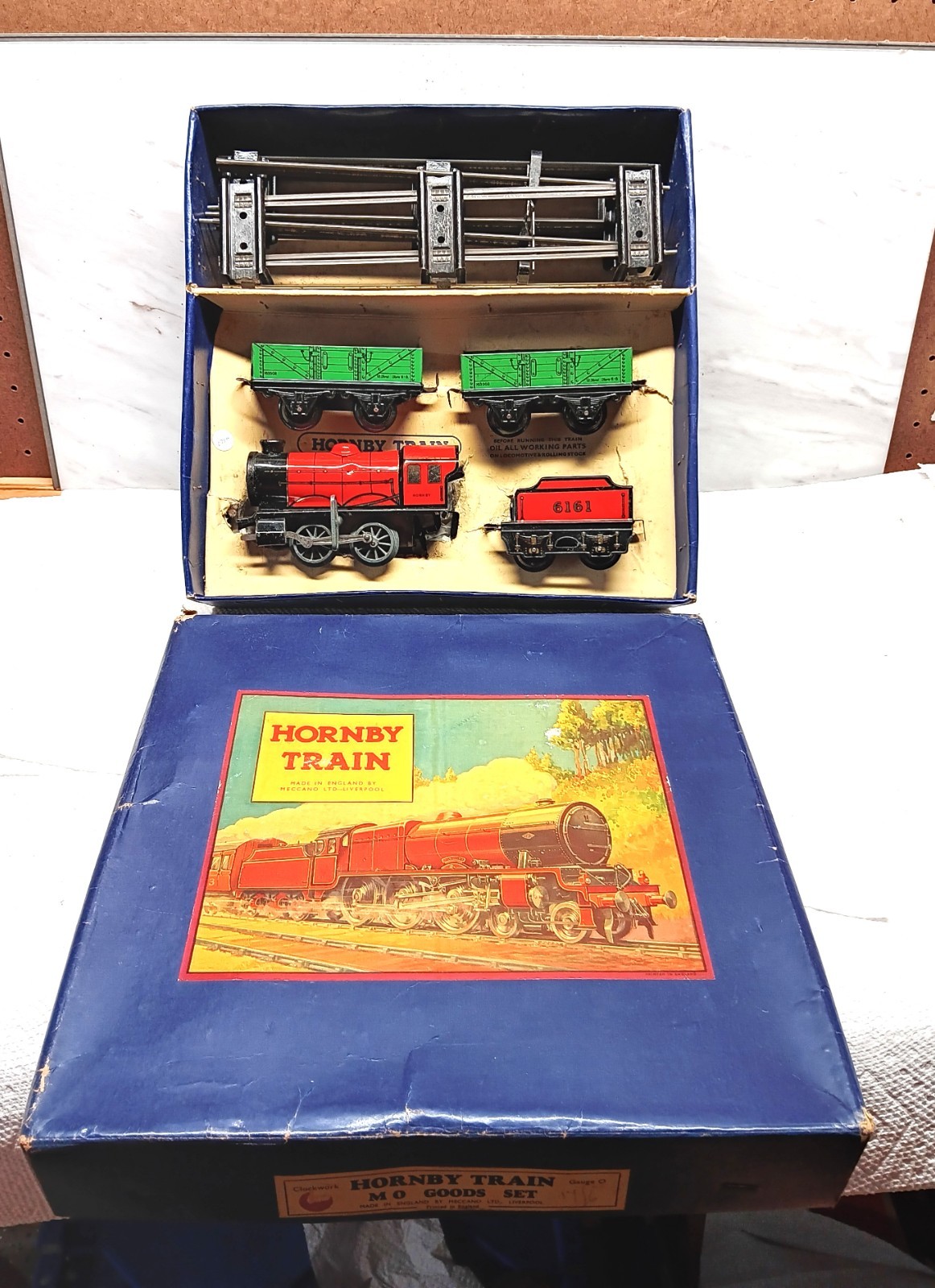 Hornby O Gauge M0 Clockwork Set c1932-33 Red Loco 6161 Boxed Prewar See Video