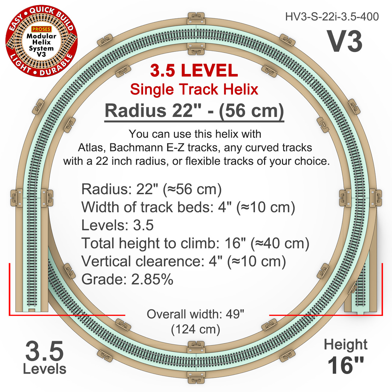 HO Scale Single Track Helix For Model Trains Radius: 22″ Height 16″, 3.5 Levels