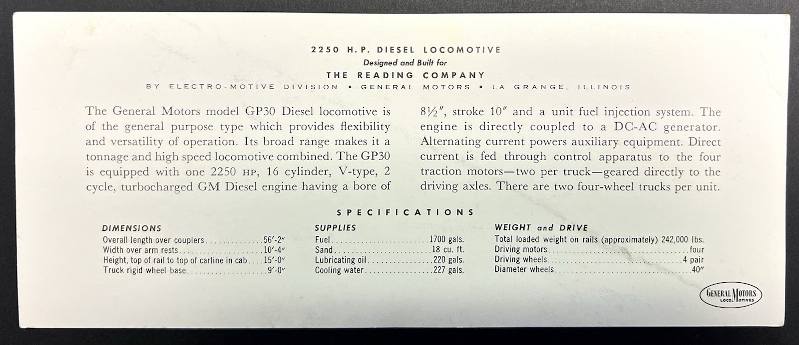 2250 H.P. Diesel Locomotive The Reading Company Builders Card