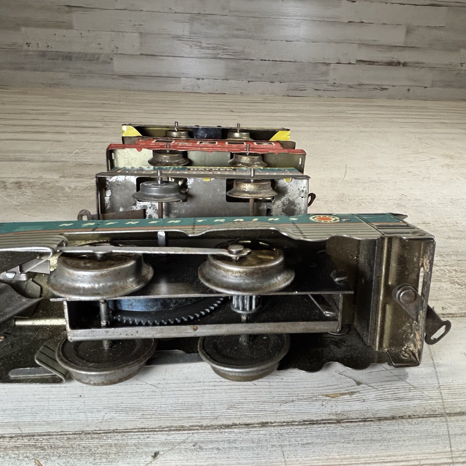 Hafner Prewar O Gauge Tin Litho Wind-Up Train Set Loco Caboose Tender Hopper 4Pc