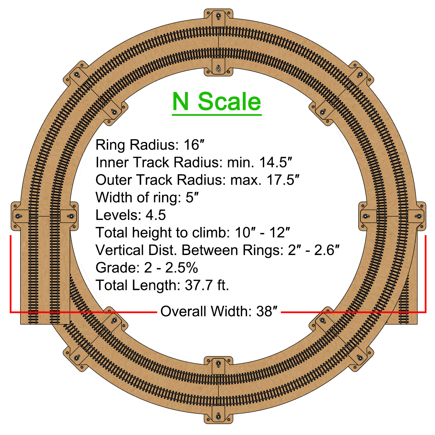 NEW! N Scale 16″ Radius Helix For 14.5″ – 16″ – 17.5″ Tracks for Model Train