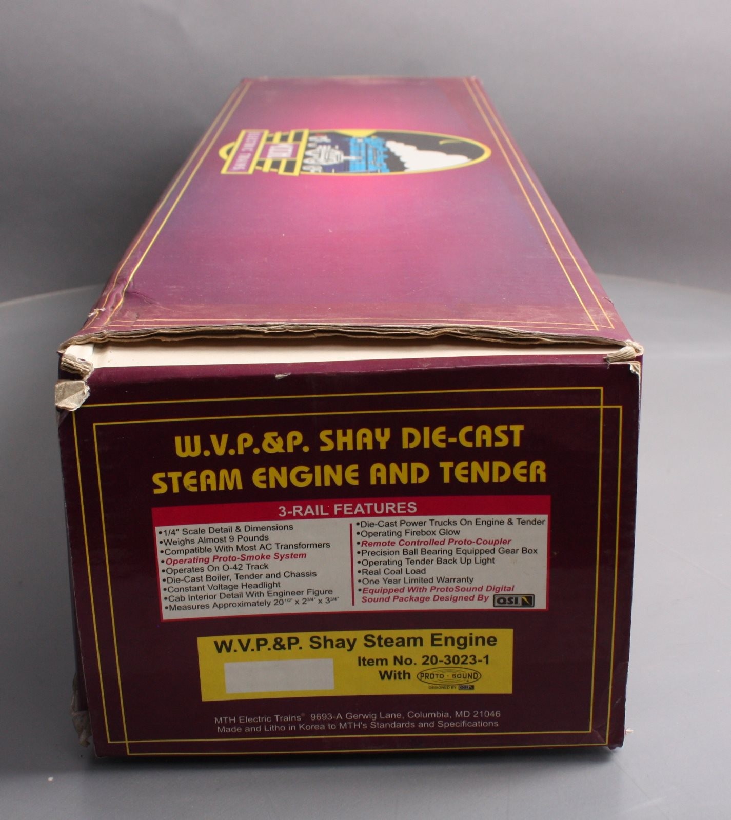 MTH 20-3023-1 O Gauge W.V.P&P Shay Steam Locomotive & Tender w/PS1 #12 LN/Box