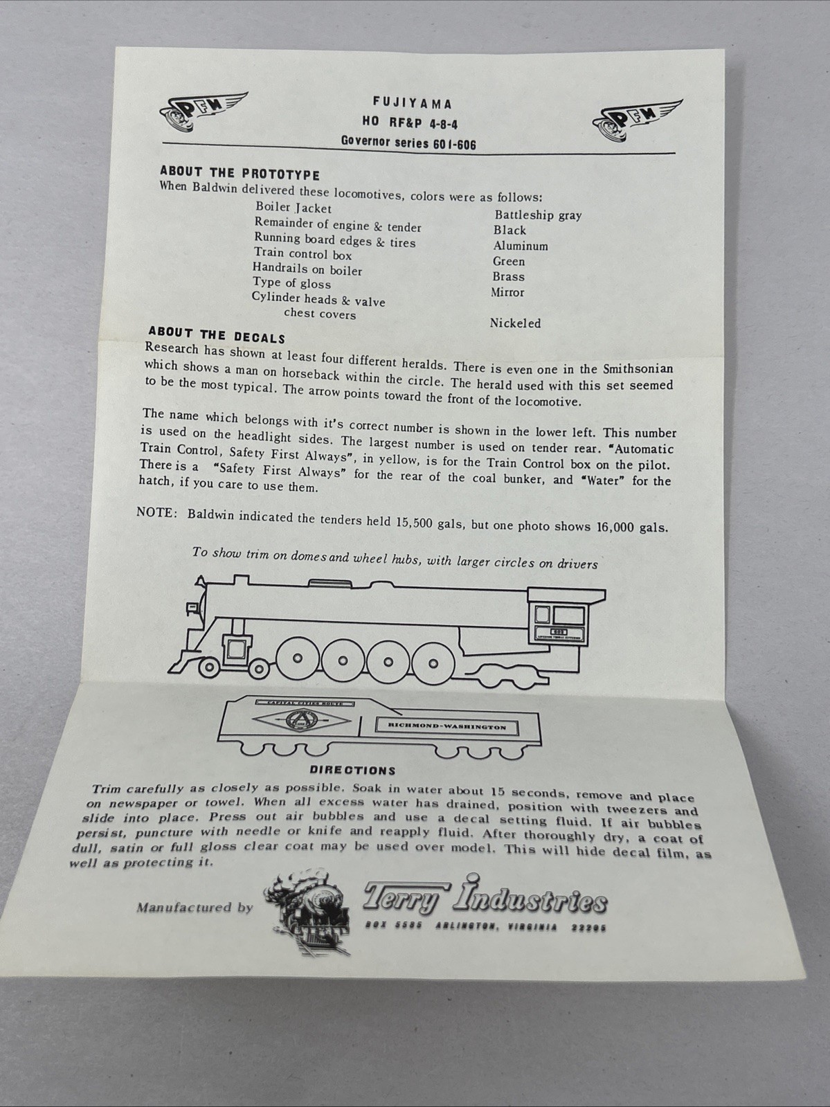 Fujiyama HO DECALS Only for RF&P Governor Series 4-8-4 Locomotive #601-606