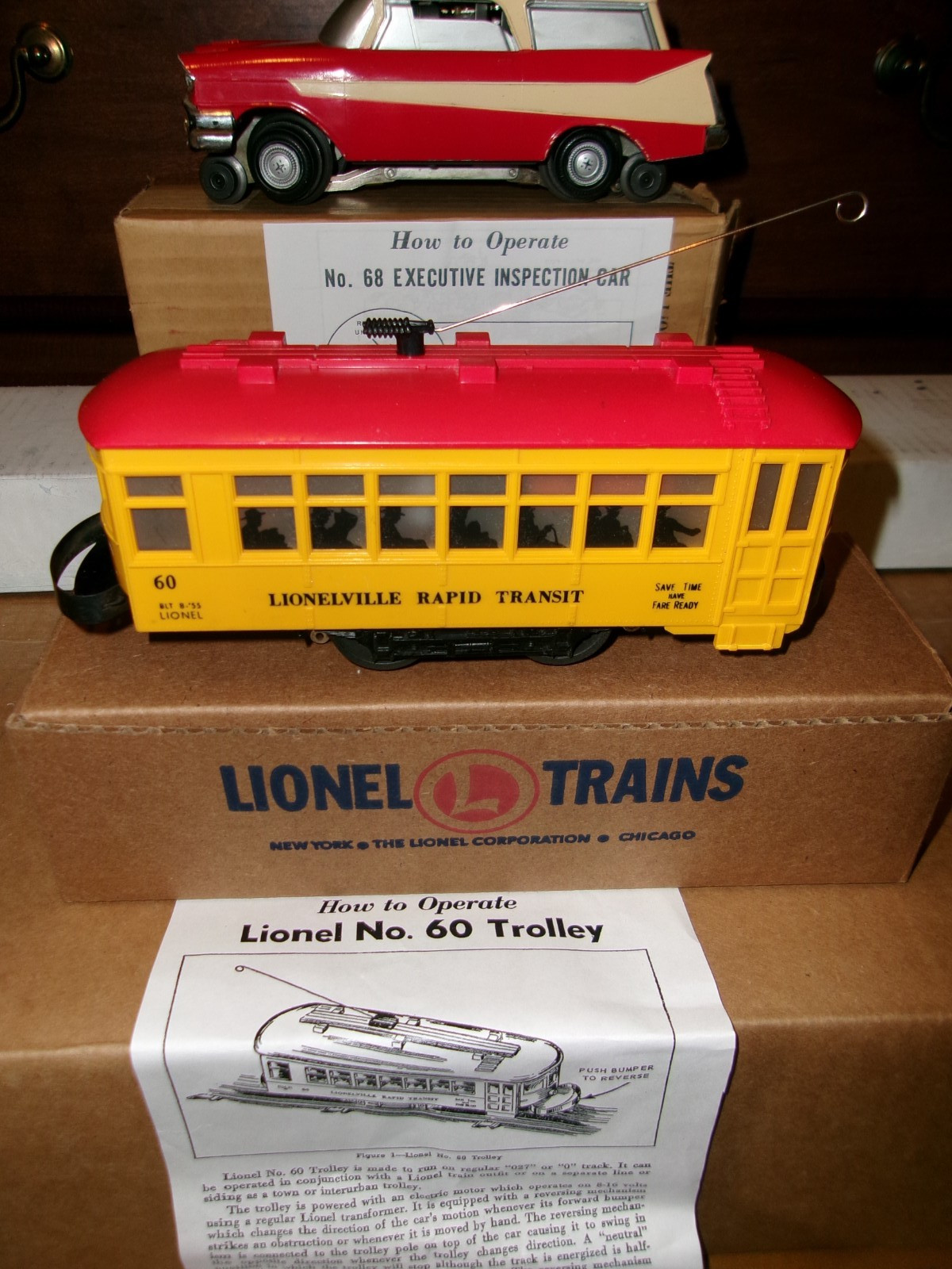 YORK SPECIAL LIONEL POSTWAR #60 TROLLY & #68 INSPECTION CAR W/BOXES & INSTR.