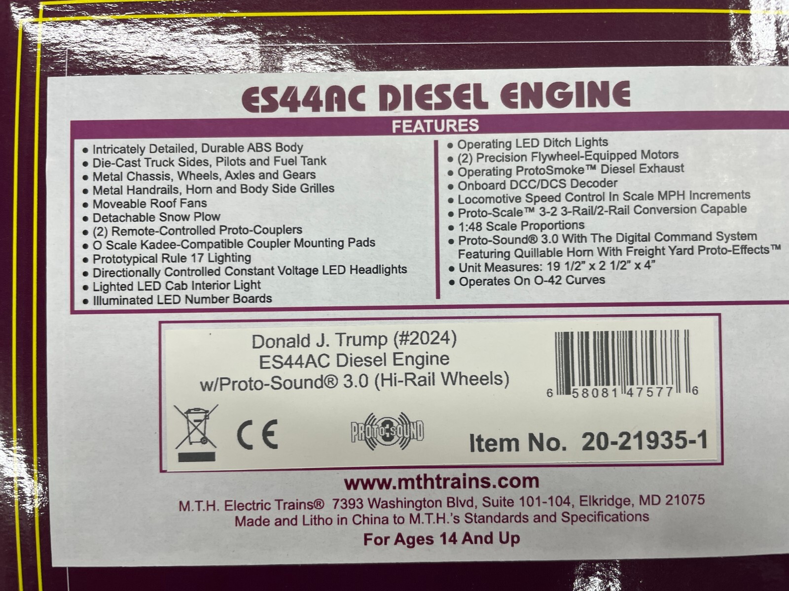 MTH 20-21935-1 Trump MAGA #2024 ES44AC PS3 LEDs Diesel Locomotive O NEW
