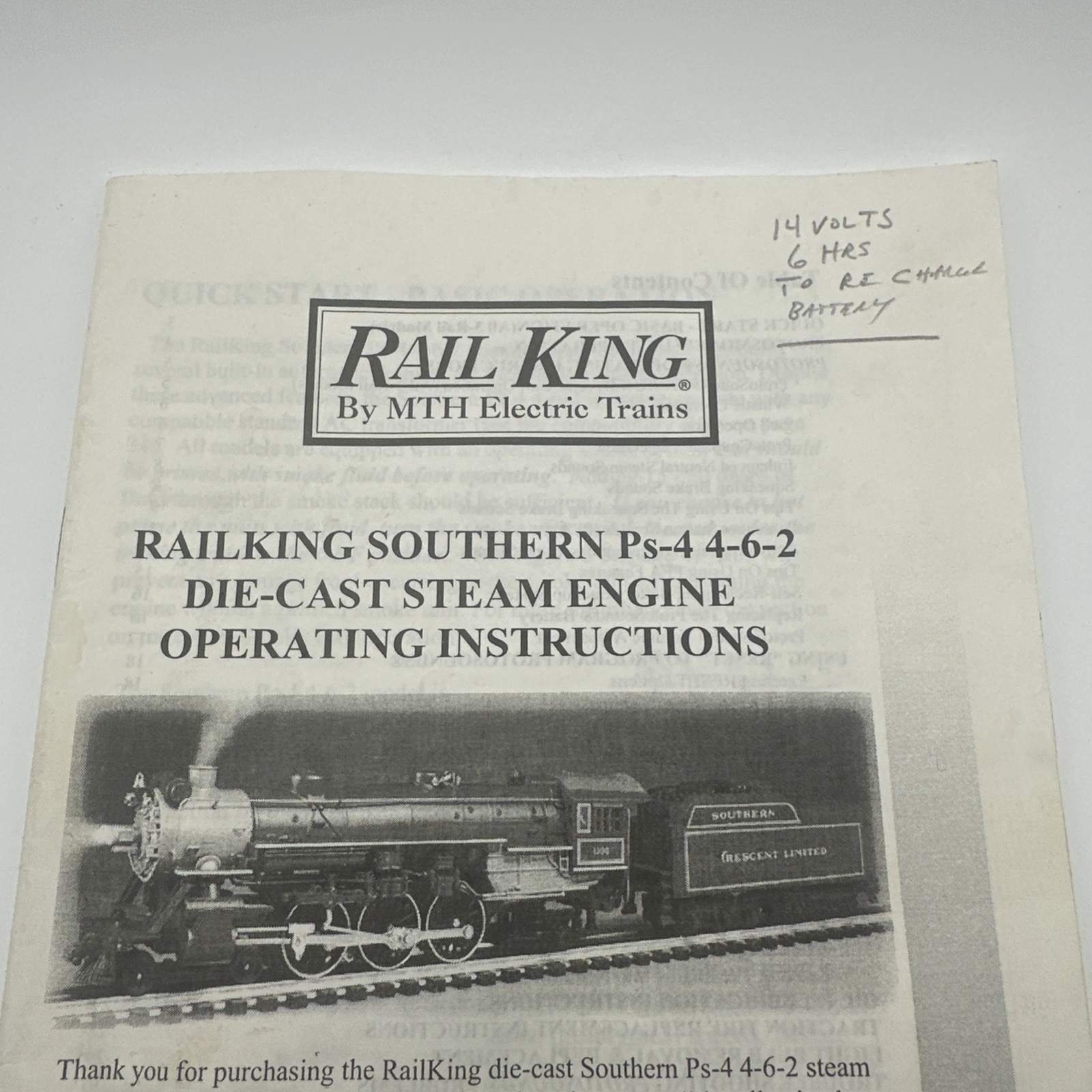 MTH Rail King Southern PS-4 4-6-2 Steam Engine Operating Instructions Manual