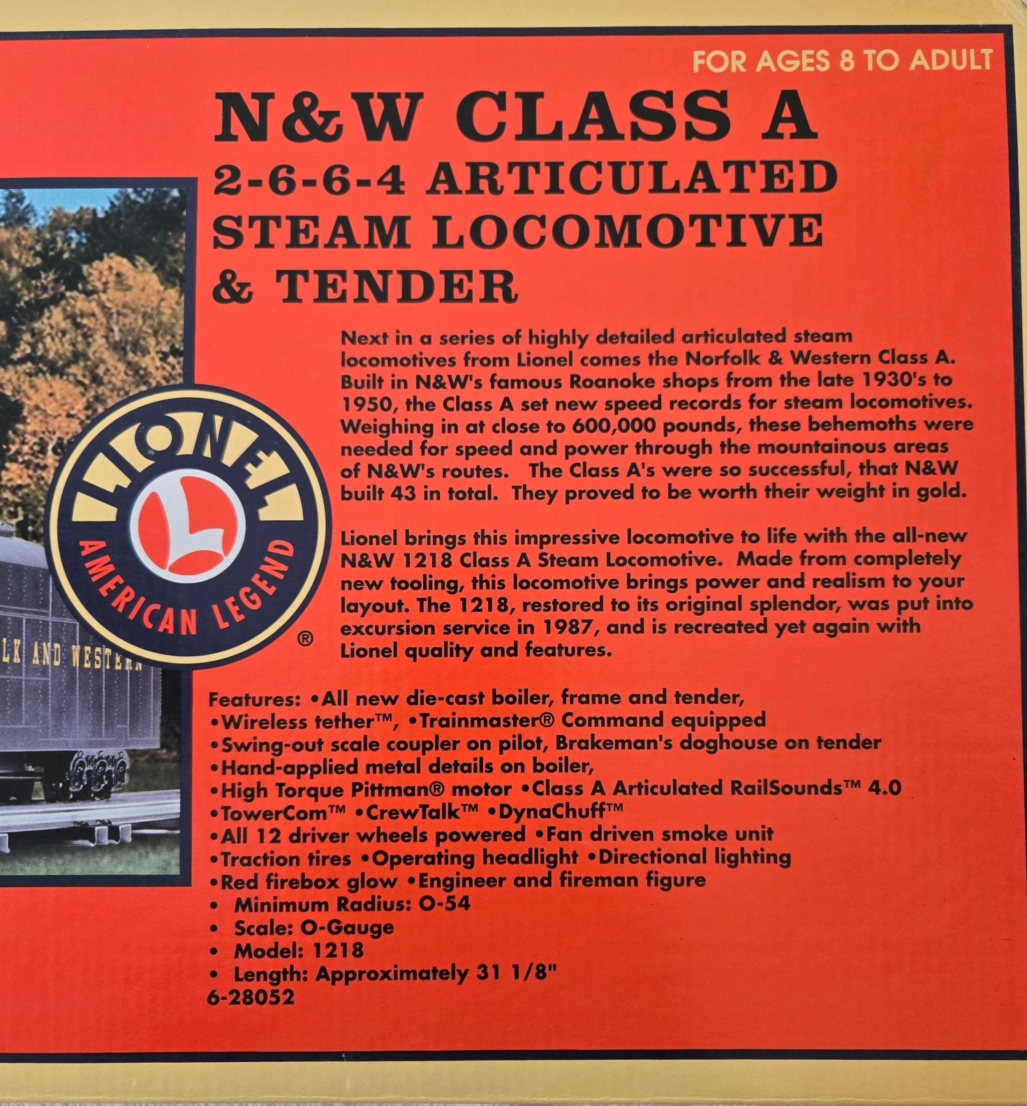 Lionel 6-28052 N&W Articulated 2-6-6-4 Steam Loco & Tender w/Shipper+Manual +