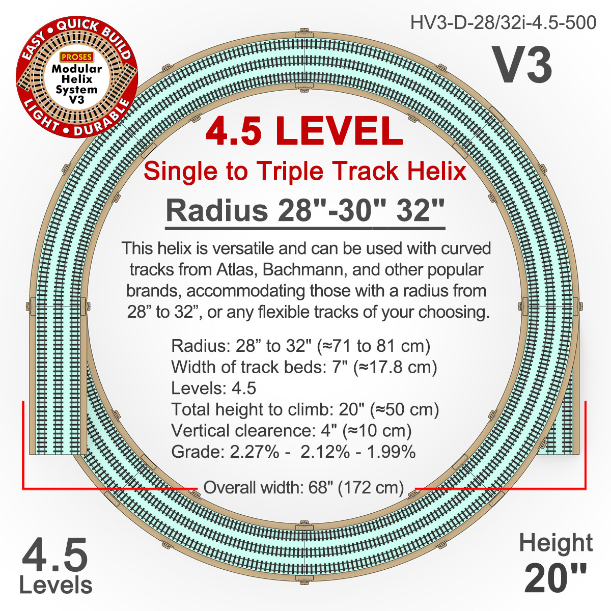 HO HELIX Single, Double or Triple Radius: 28″ to 32″, Height: 20″, 4.5 Levels