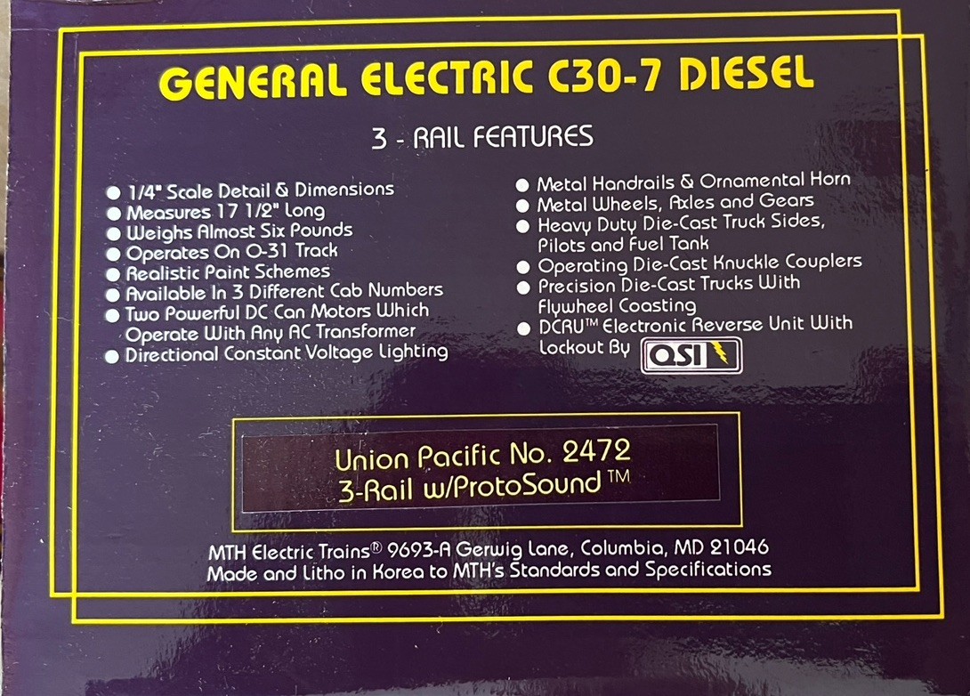 MTH O Gauge Union Pacific 2460 General Electric C30-7 Diesel Engine Mint Cond.