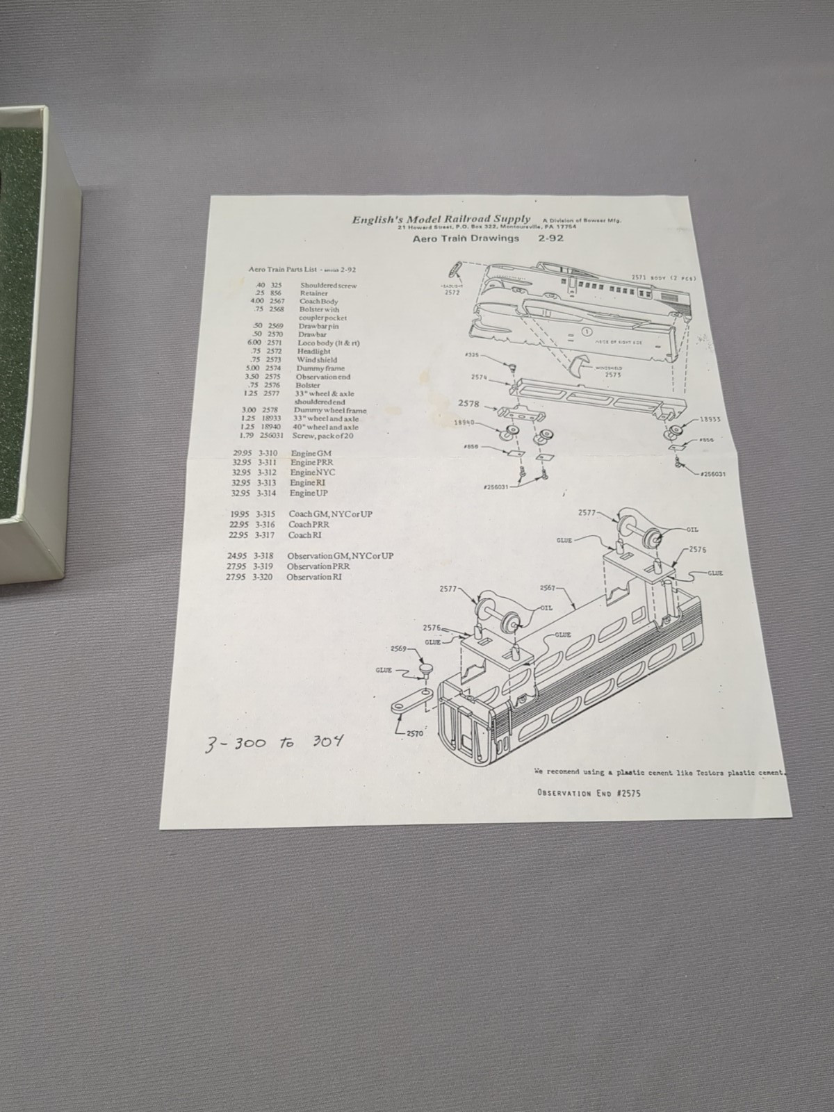 HO English’s Model RR Supply/Bowser #3-300 GREAT NORTHERN AEROTRAIN Powered