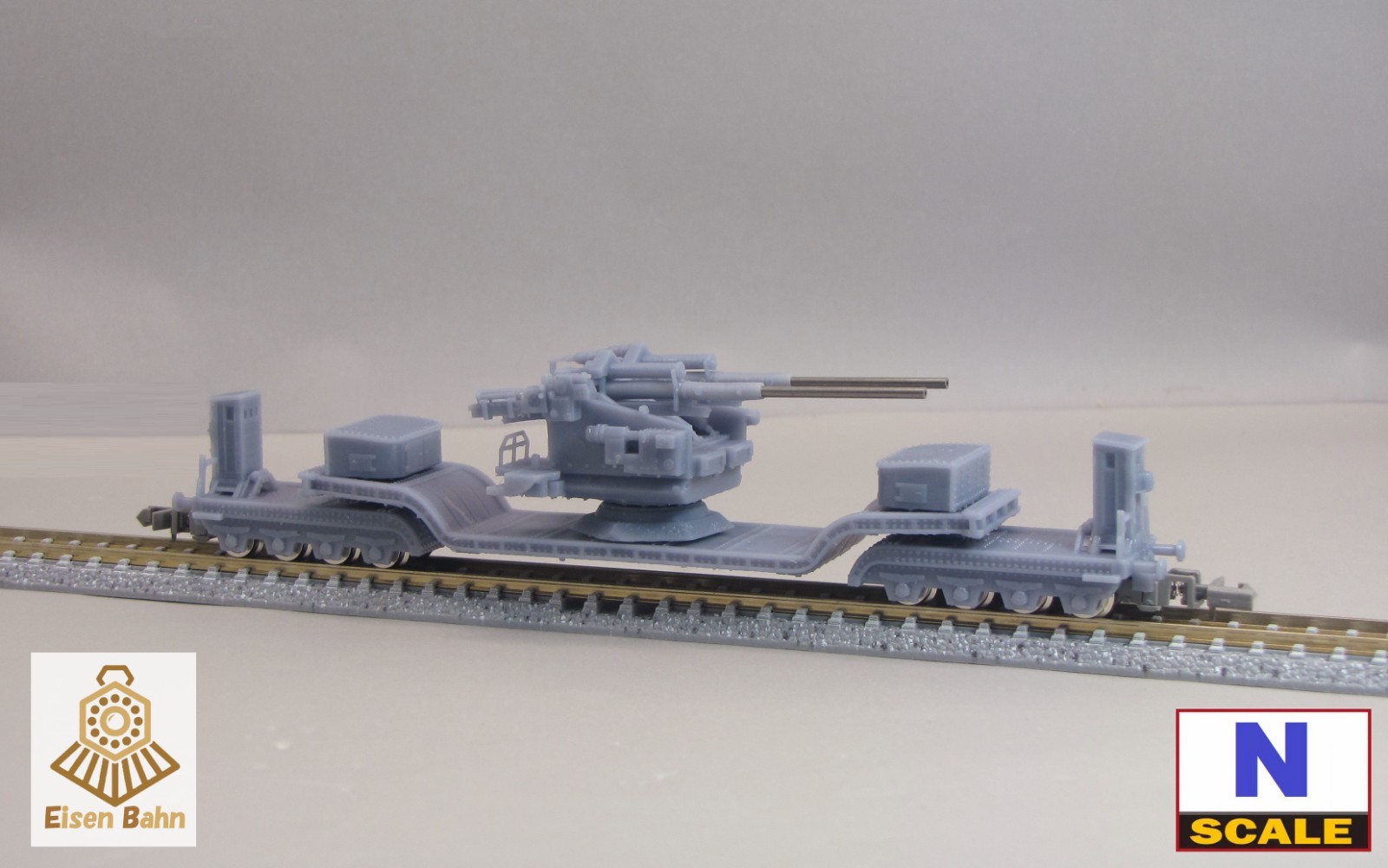1/160 (N-scale) WWII German 128mm Flak on Heavy Flatcar /w wheels resin kit