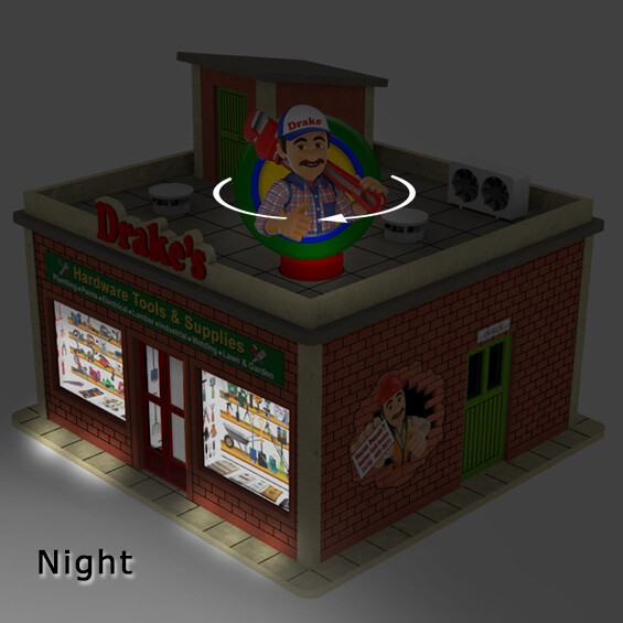 Hardware Shop w/Motorized Rotating Banner and Lighting O Scale (1:45)