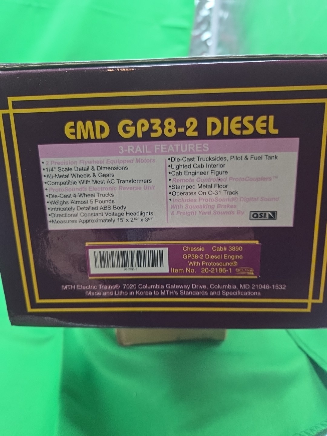 MTH Electric Cab 20 – 2186 -1 3890 GP 38 – 2 EMD DIESEL ENGINE New Box Railroad