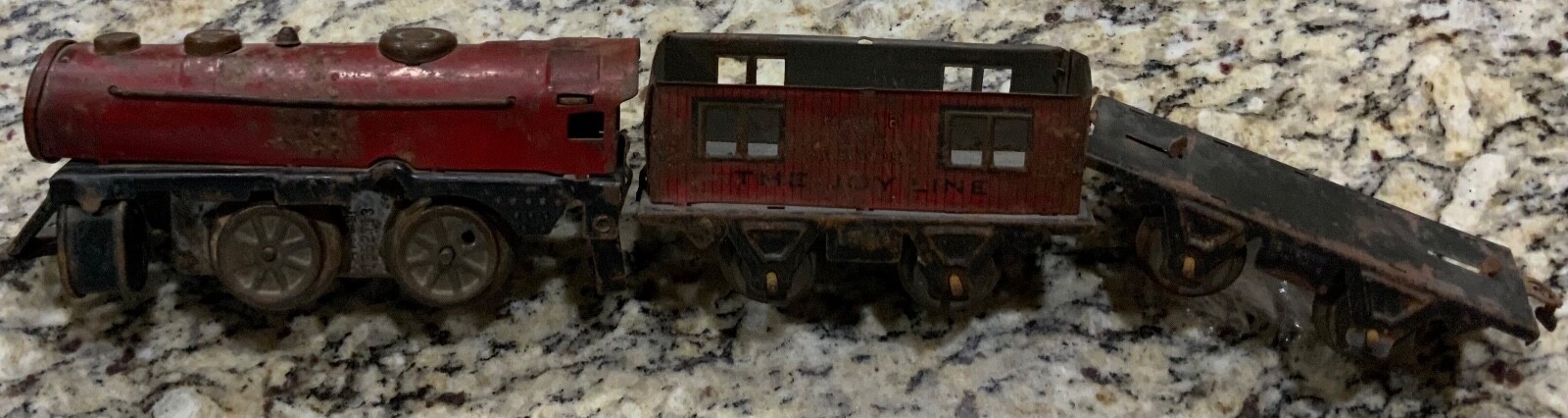 Marx O Gauge Joy Line Red Wind Up Locomotive Boxcar & Eagle Eye Caboose Pre War