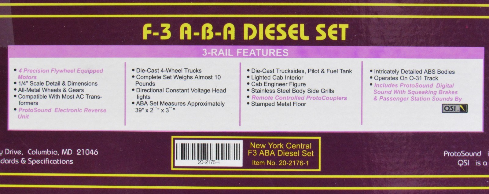 MTH Premier 20-2176-1 New York Central F3 A-B-A Diesel Engine Set w/PS1 O-Gauge