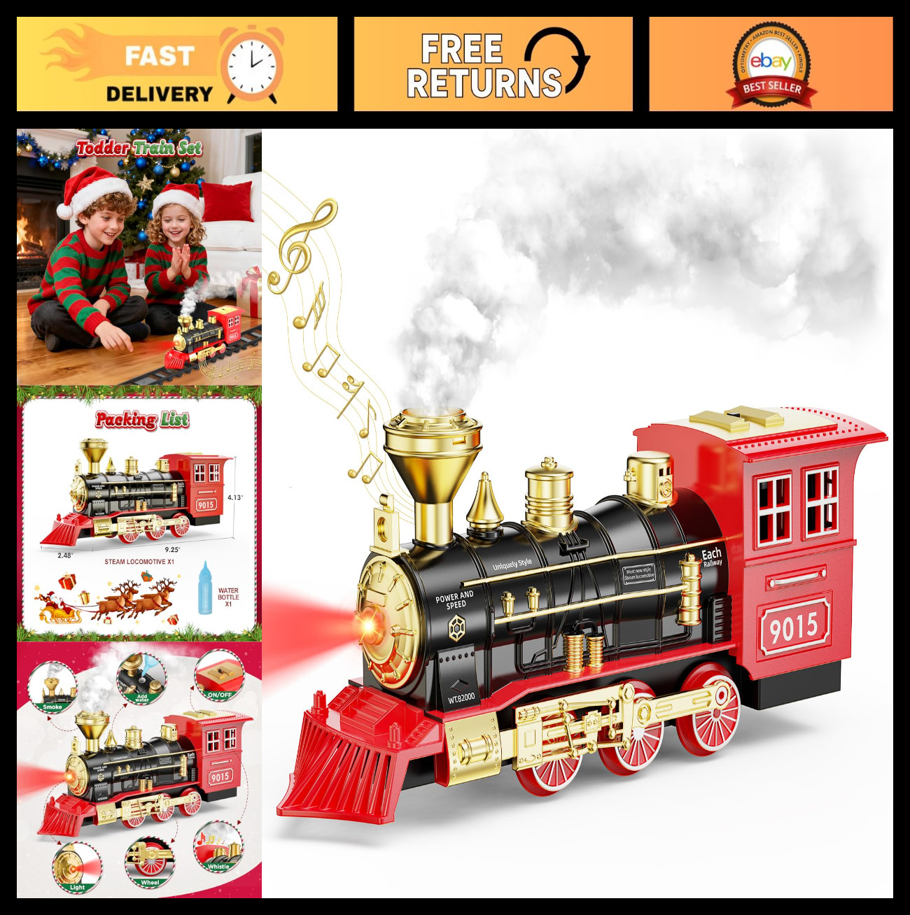 Steam Locomotive Train Toy with Smoke, Lights & Sounds for Kids 3-7 Years Old