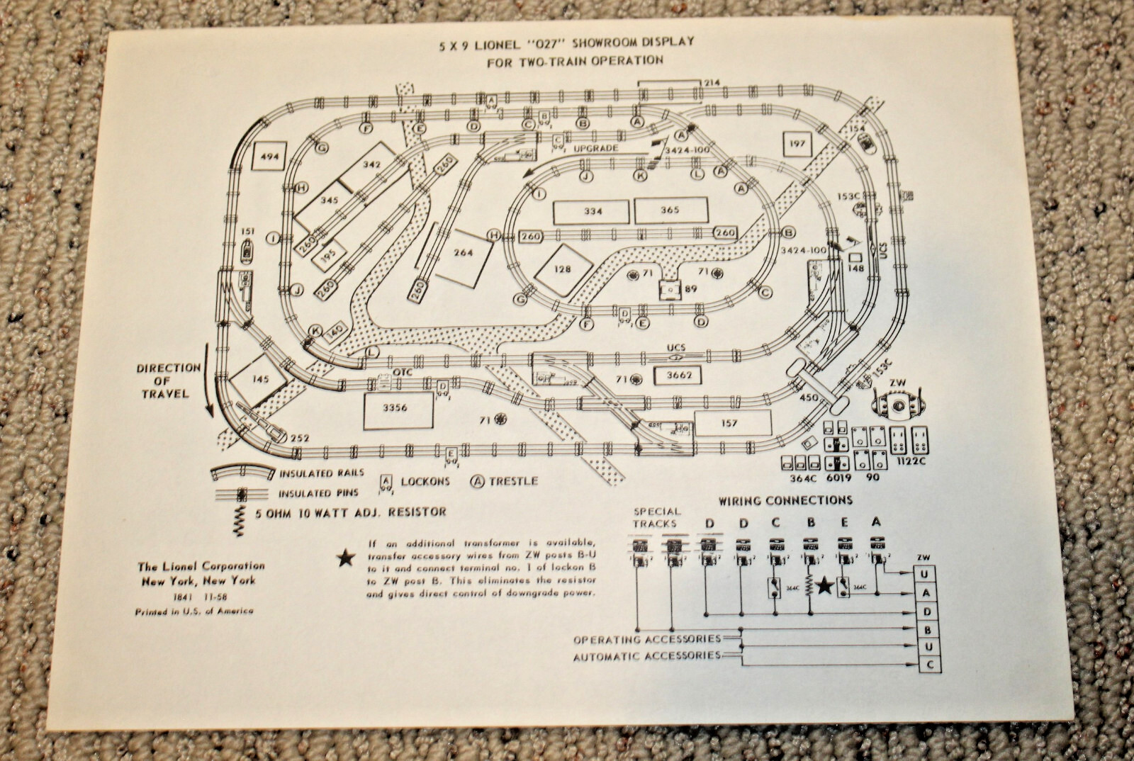 Lionel Postwar O-27 Showroom Layout 5ft x 9ft Instruction Sheet #1841 11-58