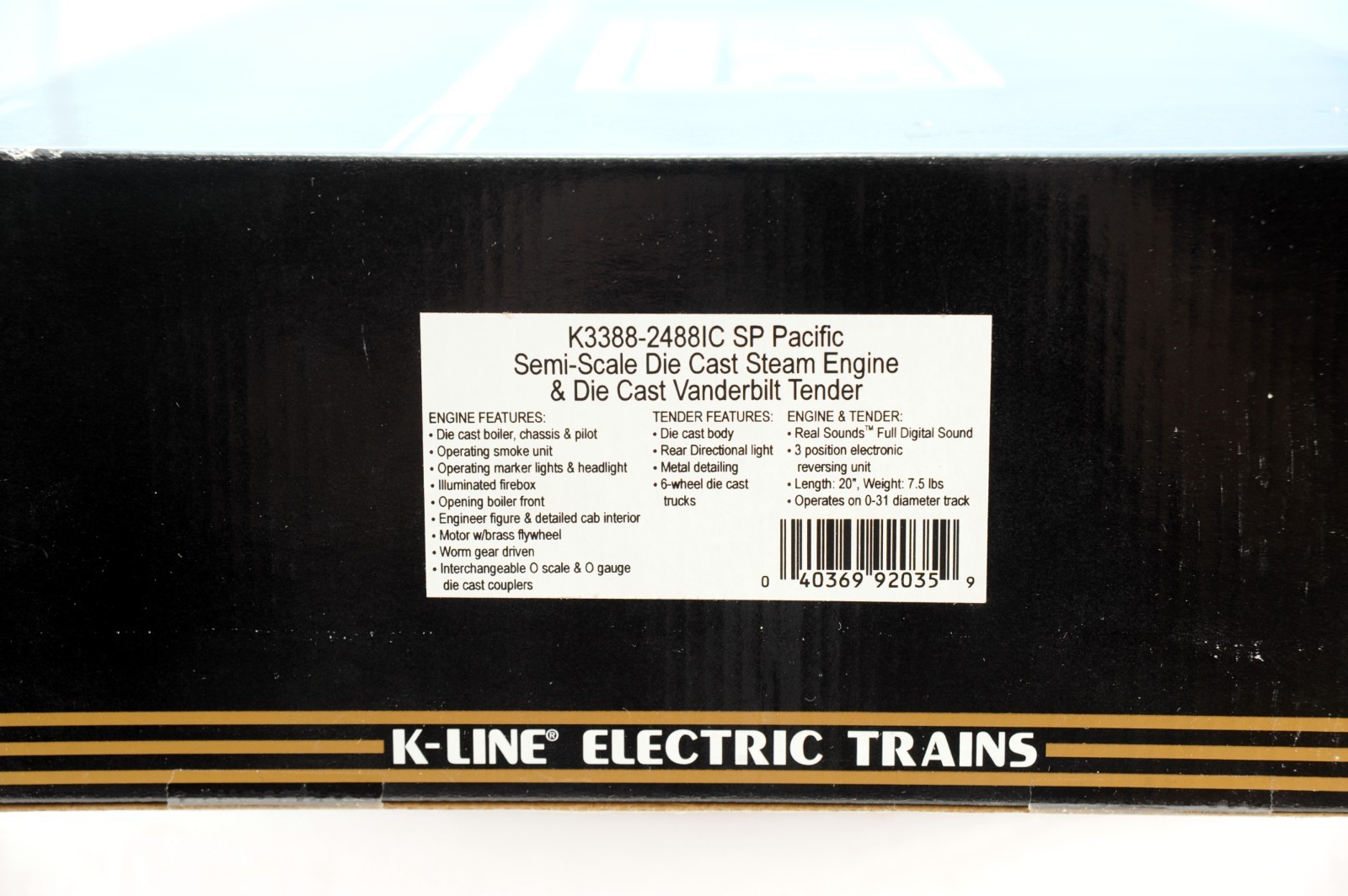 K-LINE 2488IC SOUTHERN PACIFIC SEMI-SCALE DIE-CAST STEAM LOCO-TESTED-LN IN BOX.