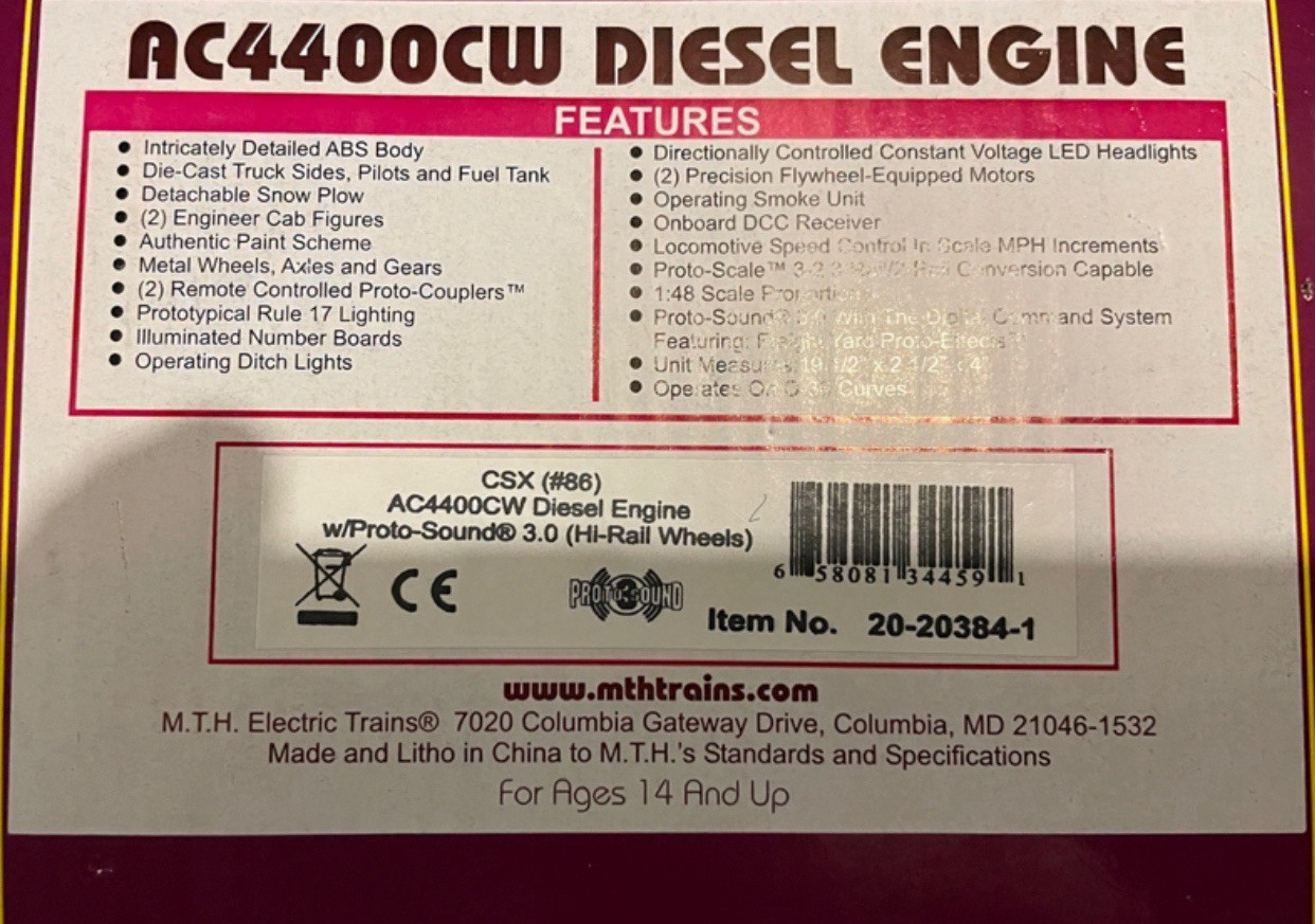 MTH PREMIER CSX AC4400CW DIESEL ENGINE PS3! 20-20384-1 O SCALE