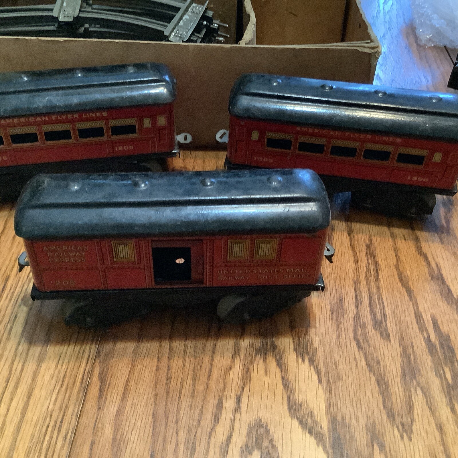 American Flyer Clockwork # 16 Tender & 3 Passenger Cars, 1306 1205, 1206 Box