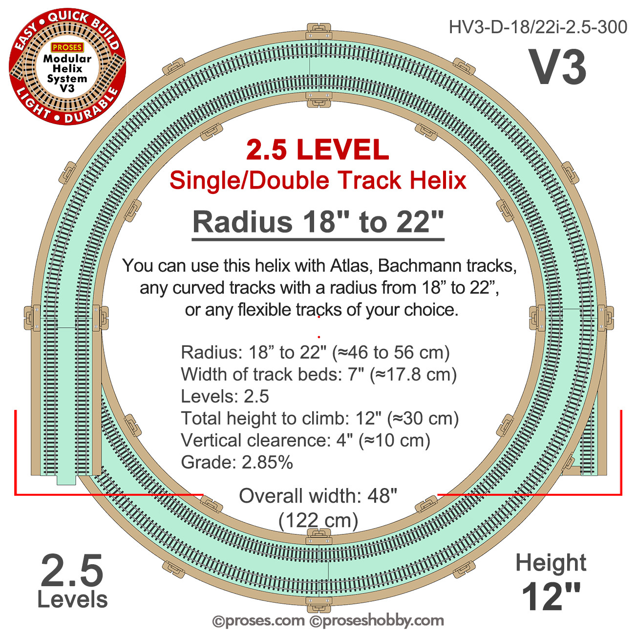 PROMO PRICE! HO Scale Single/Double Track Helix Radius 18″ to 22″ Height 12″