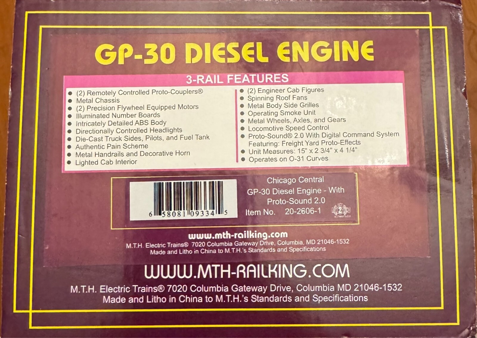 MTH 20-2606-1 CHICAGO CENTRAL GP-30 DIESEL ENGINE W/ PROTO-SOUND 2.0 NIB RARE