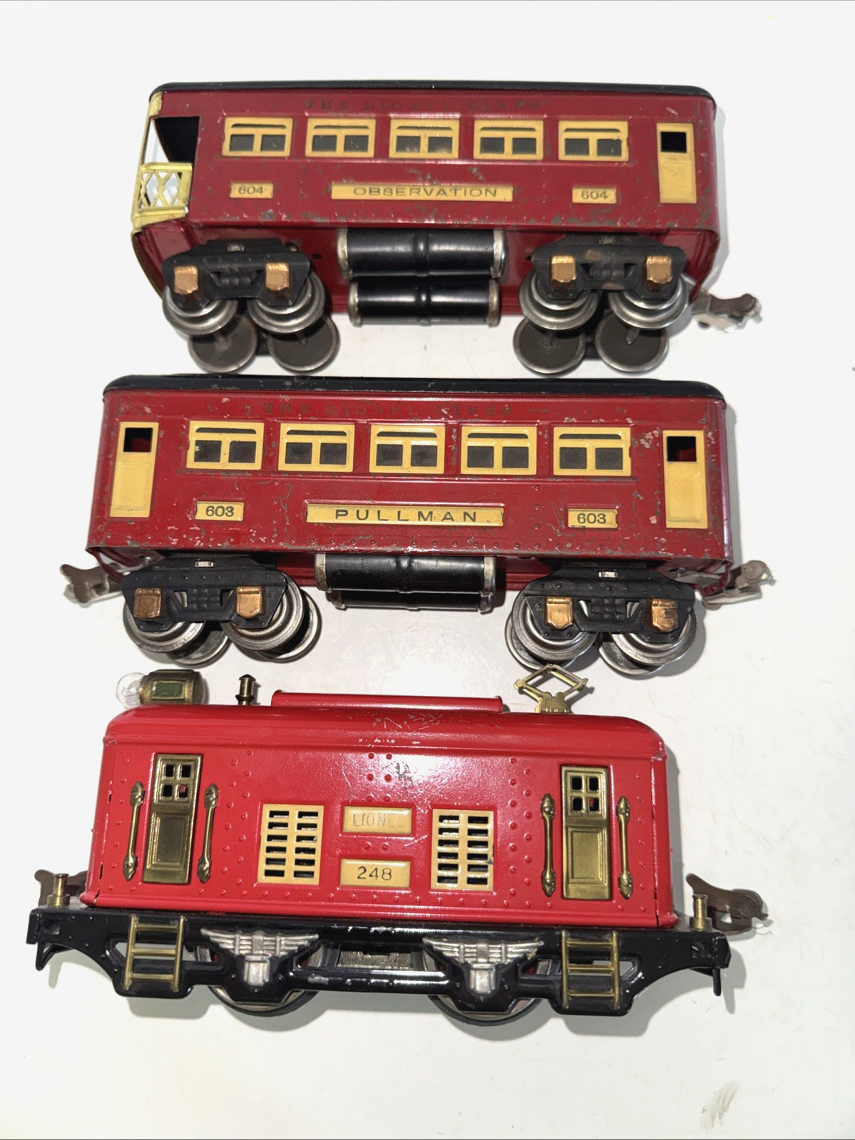 LIONEL PREWAR O GAUGE TRAIN SET 248 ELECTRIC LOCOMOTIVE & 603, 604 PASS. CARS