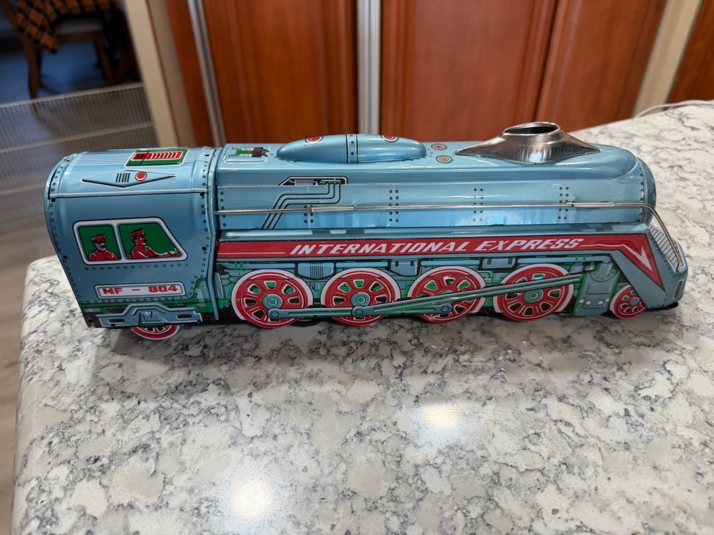 Vtg Friction Train Toy, Lrg Scale MF804 International Express W/Box & Instruct