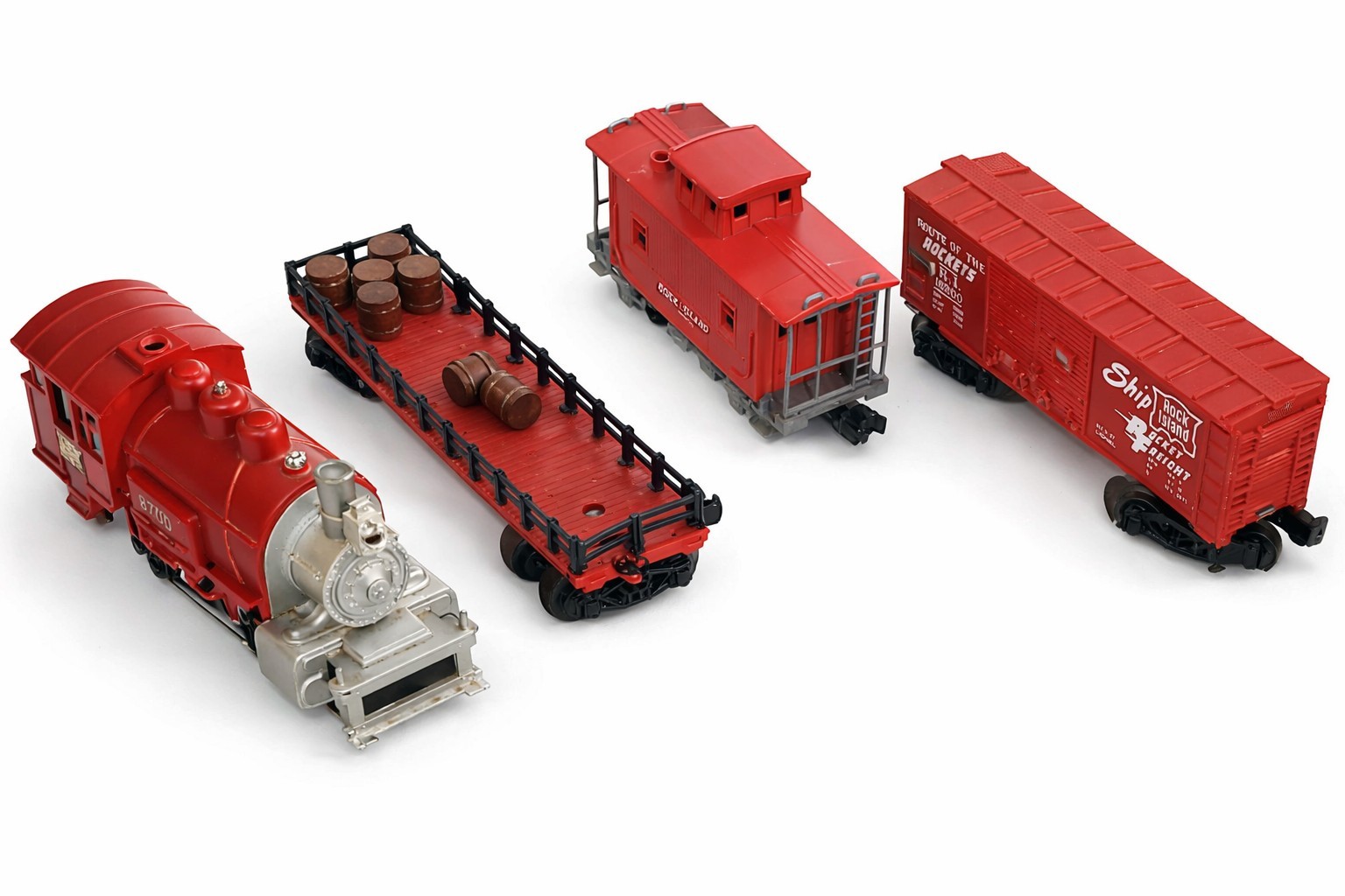 Rock Island O Gauge Freight Set – 8700 Engine Runs, Caboose, Flatcar, Boxcar