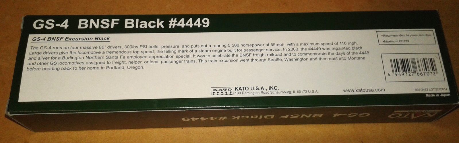 N SCALE KATO 4-8-4 GS-4 BURLINGTON NORTHERN SANTA FE BNSF BLACK #4449 126-0312