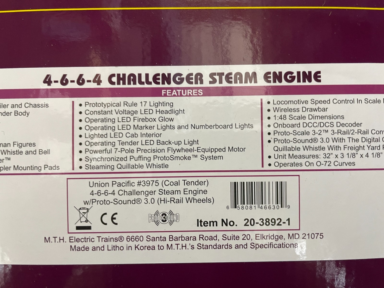 MTH 20-3892-1 UNION PACIFIC 4-6-6-4 CHALLENGER PS3 3-RAIL #3975 COAL STEAM – NEW