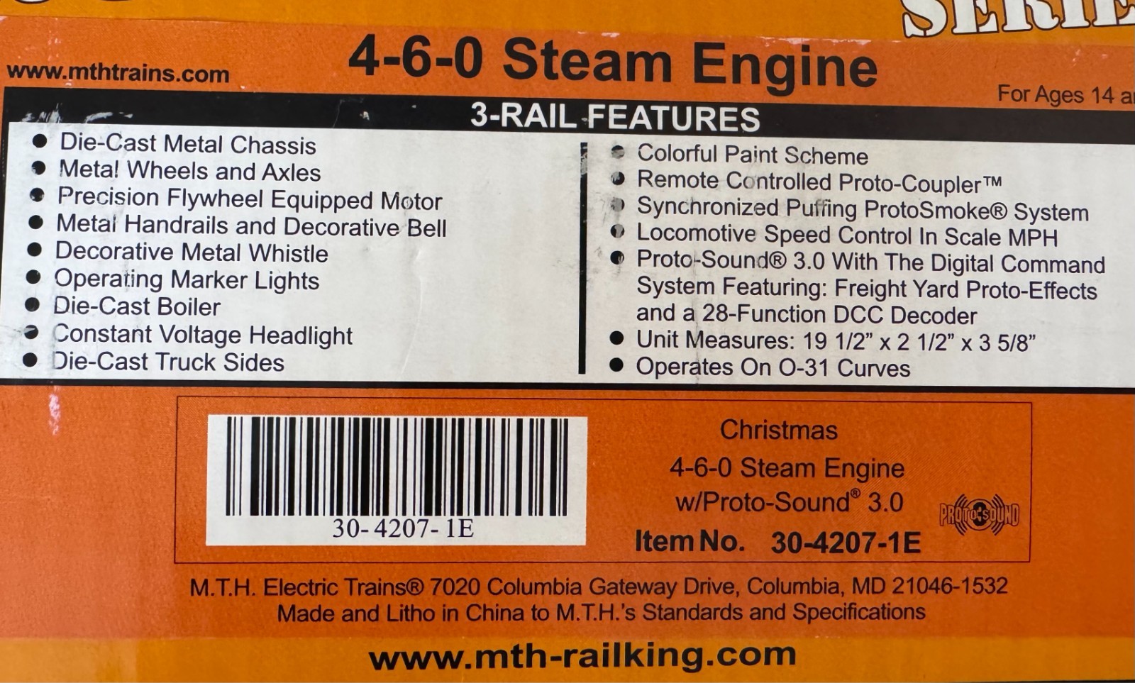 M.T.H. RailKing 4-6-0 Steam Engine &Tender Christmas Express O Gauge #30-4207-1E