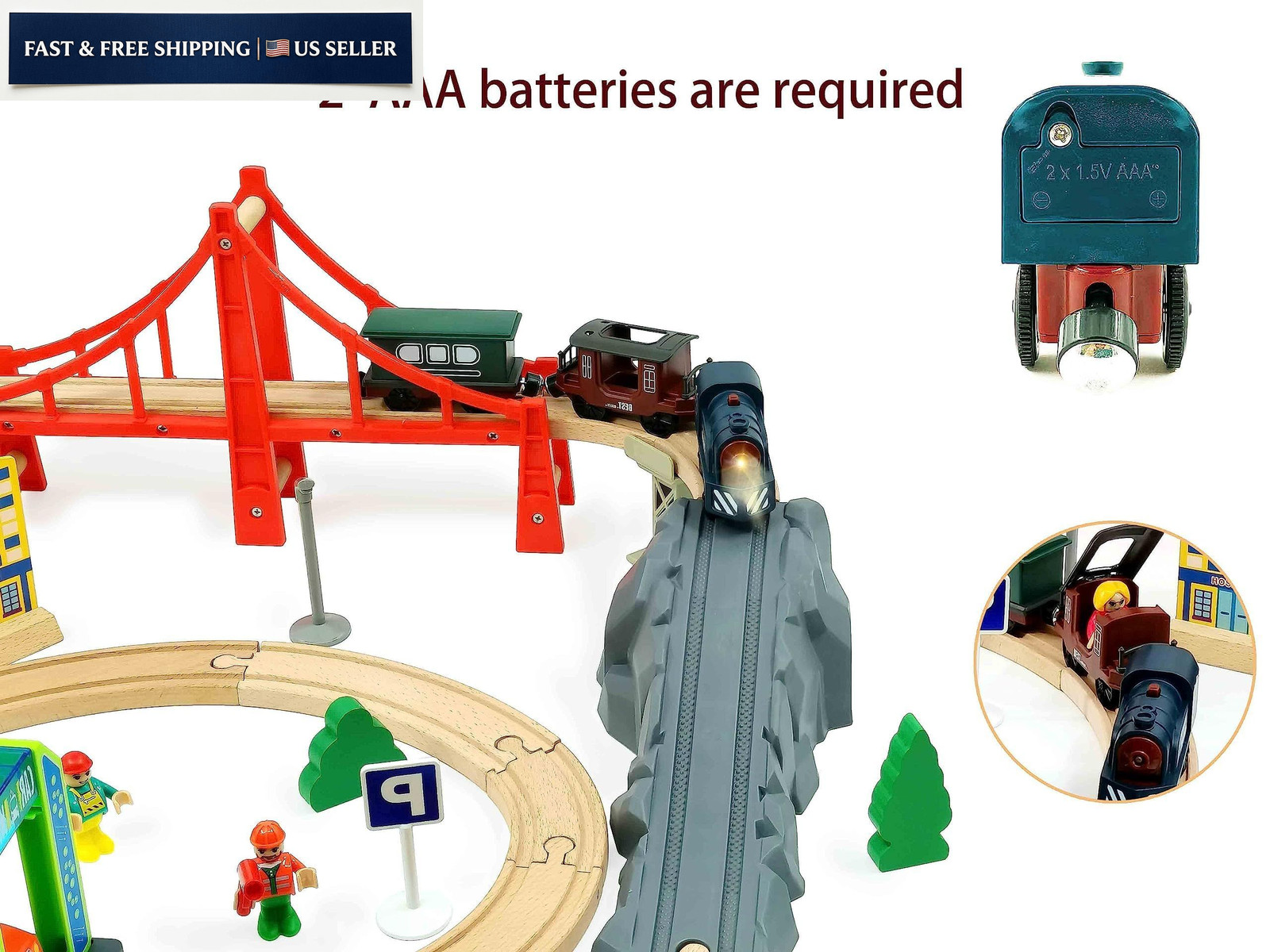 Battery Operated Train for Wooden Track, 3Pcs Motorized Small, Deep Blue