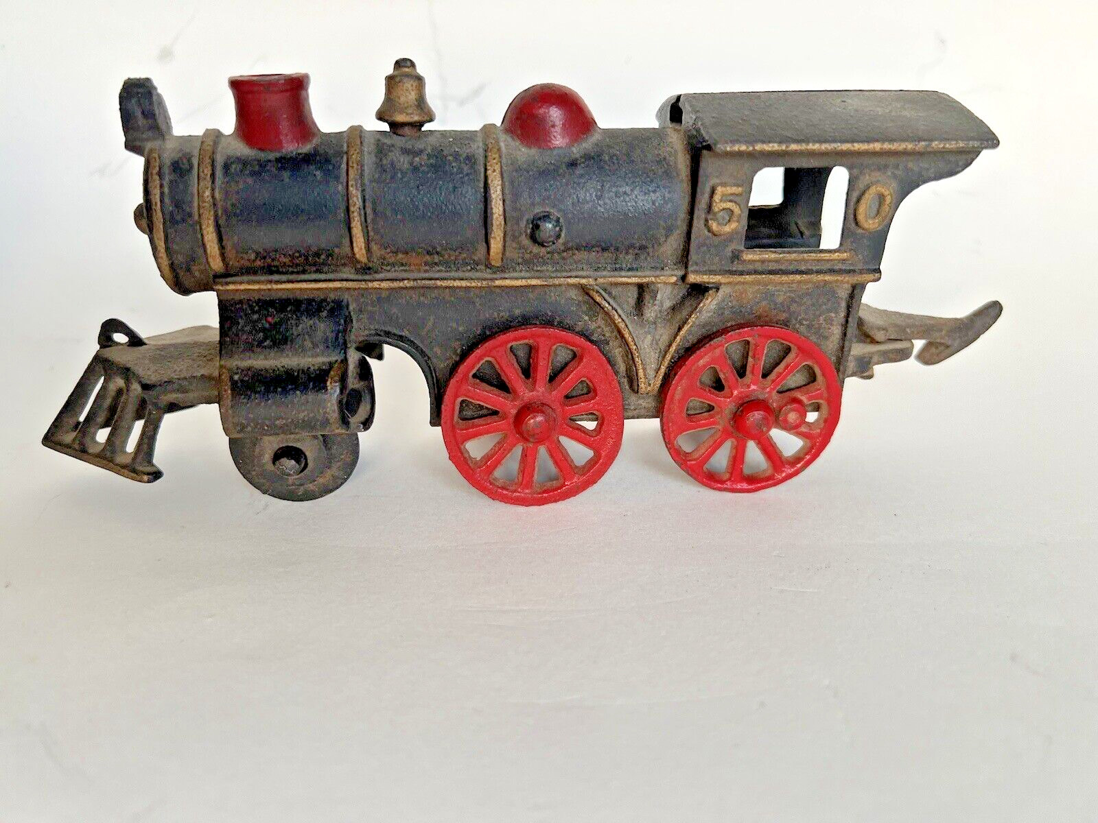 ANTIQUE Marked “5 0″ Cast Iron Steam Locomotive Train Original Hand Paint 8.5”