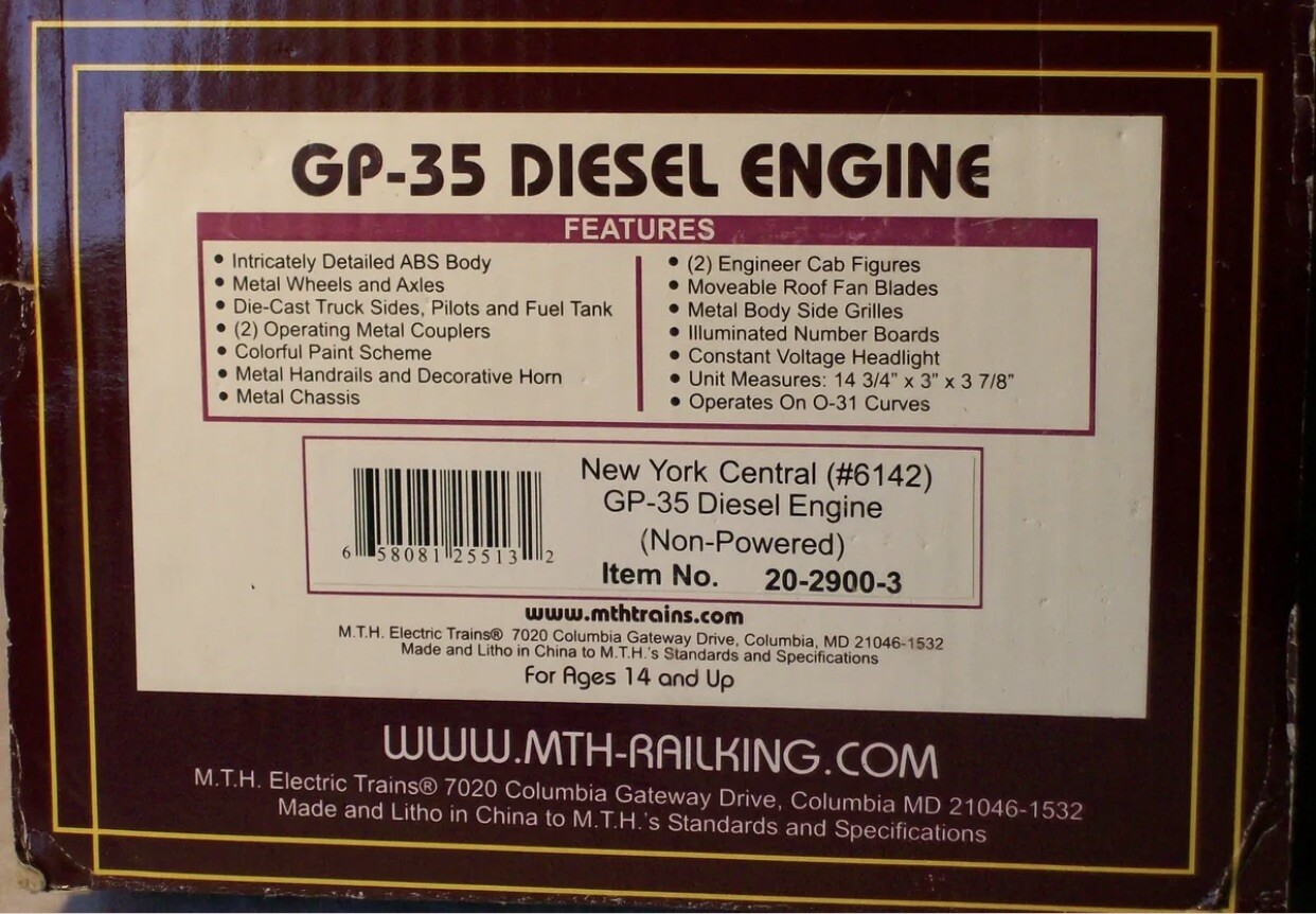 MTH PREMIER NEW YORK CENTRAL GP-35 NON-POWERED DIESEL ENGINE DUMMY 20-2900-3!