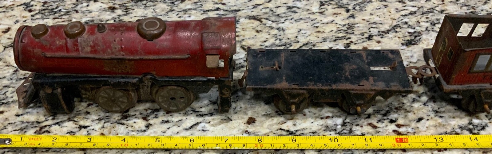 Marx O Gauge Joy Line Red Wind Up Locomotive Boxcar & Eagle Eye Caboose Pre War